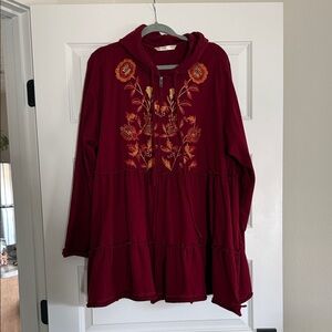 Embroidered zip up hoodie tiered Peasant Tunic - Burgundy